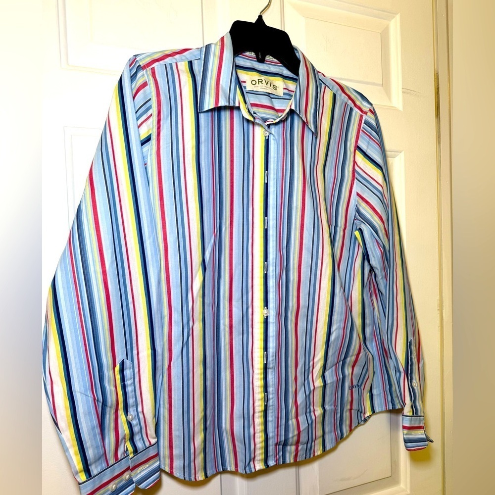Orvis Woman’s Striped Button Up Blouse Blue Red Yellow Size 12 Collared LS
